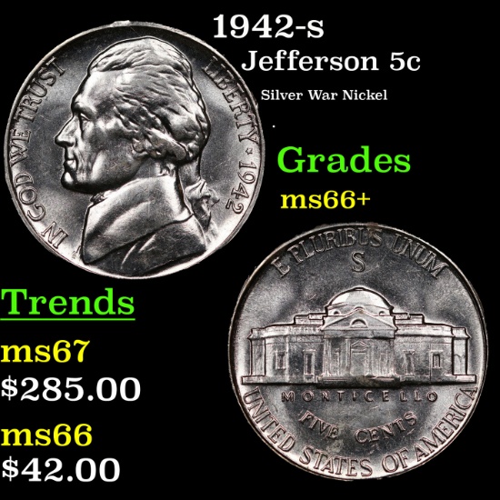 1942-s Jefferson Nickel 5c Grades GEM++ Unc