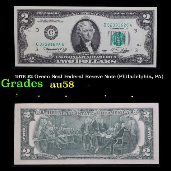 1976 $2 Green Seal Federal Reseve Note (Philadelphia, PA) Grades Choice AU/BU Slider