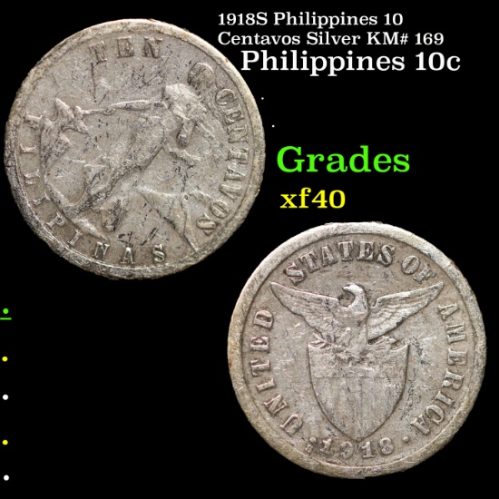 1918S Philippines 10 Centavos Silver KM# 169 Grades xf