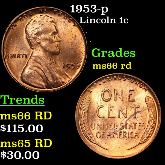 1953-p Lincoln Cent 1c Grades GEM+ Unc RD