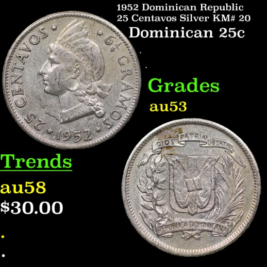 1952 Dominican Republic 25 Centavos Silver KM# 20 Grades Select AU