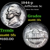 1944-p Jefferson Nickel 5c Grades GEM+ 5fs