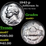 1942-p Jefferson Nickel 5c Grades GEM++ Unc