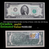 1976 $2 Federal Reserve Note 1st Day of Issue, with July 4th Stamp Grades Choice AU