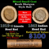 Mixed small cents 1c orig shotgun roll, 1919-s Wheat Cent, 1863 Indian Cent other end, Brinks Wrappe