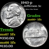 1943-p Jefferson Nickel 5c Grades GEM++ 5fs