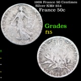 1908 France 50 Centimes Silver KM# 854 Grades f+