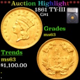 ***Auction Highlight*** 1861 Gold Dollar TY-III $1 Graded ms63 BY SEGS (fc)