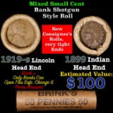 Mixed small cents 1c orig shotgun roll, 1919-s Wheat Cent, 1899 Indian Cent other end, Brinks Wrappe