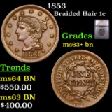 1853 Braided Hair Large Cent 1c Graded ms63+ bn BY SEGS