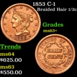 1853 Braided Hair Half Cent C-1 1/2c Grades Select+ Unc By SEGS