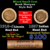 Mixed small cents 1c orig shotgun roll, 1918-d Wheat Cent, 1887 Indian Cent other end, Brinks Wrappe