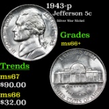 1943-p Jefferson Nickel 5c Grades GEM++ Unc