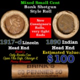 Mixed small cents 1c orig shotgun roll, 1917-d Wheat Cent, 1890 Indian Cent other end, Brinks Wrappe