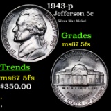 1943-p Jefferson Nickel 5c Grades GEM++ 5fs