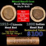 Mixed small cents 1c orig shotgun roll, 1915-d Wheat Cent, 1898 Indian Cent other end, Brinks Wrappe