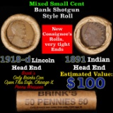 Mixed small cents 1c orig shotgun roll, 1918-d Wheat Cent, 1891 Indian Cent other end, Brinks Wrappe