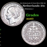 1944 Netherlands 25 Cents Silver KM# 164 Grades Select Unc