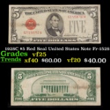 1928C $5 Red Seal United States Note Fr-1528 Grades vf+