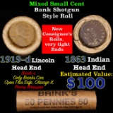 Mixed small cents 1c orig shotgun roll, 1919-d Wheat Cent, 1863 Indian Cent other end, Brinks Wrappe