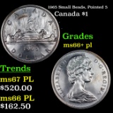 1965 Small Beads, Pointed 5 Canada Dollar $1 Grades GEM++ PL