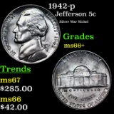 1942-p Jefferson Nickel 5c Grades GEM++ Unc