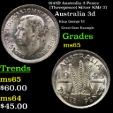 1943D Australia 3 Pence (Threepence) Silver KM# 37 Grades GEM Unc