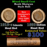 Mixed small cents 1c orig shotgun roll, 1919-s Wheat Cent, 1893 Indian Cent other end, Brinks Wrappe