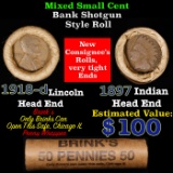 Mixed small cents 1c orig shotgun roll, 1918-d Wheat Cent, 1897 Indian Cent other end, Brinks Wrappe