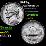 1942-p Jefferson Nickel 5c Grades GEM Unc