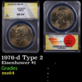 ANACS 1976-d Type 2 Eisenhower Dollar $1 Graded ms64 By ANACS