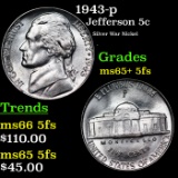 1943-p Jefferson Nickel 5c Grades GEM+ 5fs