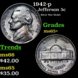 1942-p Jefferson Nickel 5c Grades GEM+ Unc