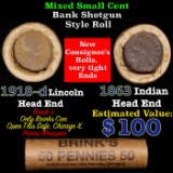 Mixed small cents 1c orig shotgun roll, 1918-d Wheat Cent, 1863 Indian Cent other end, Brinks Wrappe