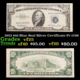 1953 $10 Blue Seal Silver Certificate Fr-1706 Grades vf+