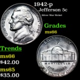 1942-p Jefferson Nickel 5c Grades GEM+ Unc