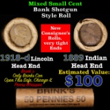 Mixed small cents 1c orig shotgun roll, 1918-d Wheat Cent, 1889 Indian Cent other end, Brinks Wrappe