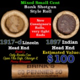 Mixed small cents 1c orig shotgun roll, 1917-d Wheat Cent, 1897 Indian Cent other end, Brinks Wrappe