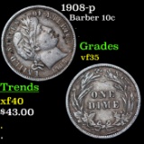 1908-p Barber Dime 10c Grades vf++