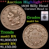 ***Auction Highlight*** 1839 Silly Head Coronet Head Large Cent 1c Graded ms62 bn BY SEGS (fc)