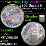***Auction Highlight*** 1803 Draped Bust Half Dime Small 8 Rainbow Toned 1/2 10c Graded au55 By SEGS