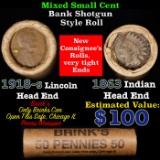 Mixed small cents 1c orig shotgun roll, 1918-s Wheat Cent, 1863 Indian Cent other end, Brinks Wrappe