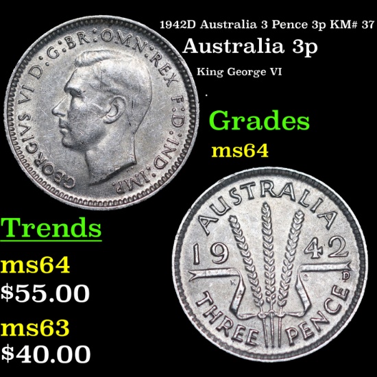 1942D Australia 3 Pence 3p KM# 37 Grades Choice Unc