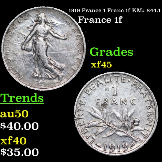 1919 France 1 Franc 1f KM# 844.1 Grades xf+
