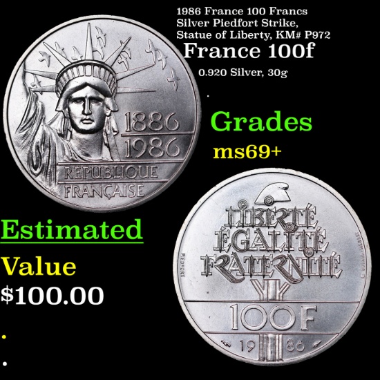 1986 France 100 Francs Silver Piedfort Strike, Statue of Liberty, KM# P972 Grades ms69+