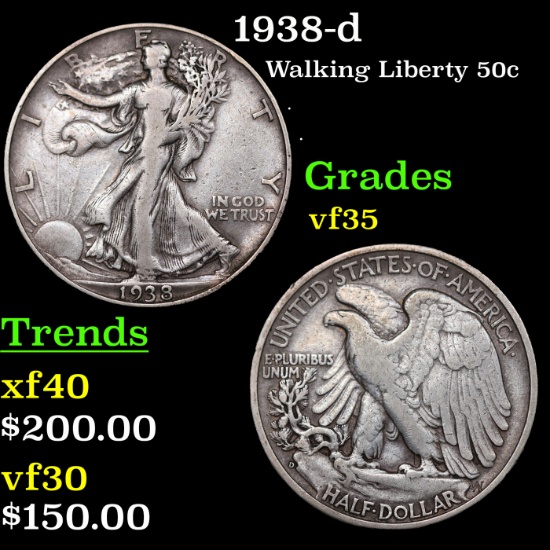 1938-p Walking Liberty Half Dollar 50c Grades vf++