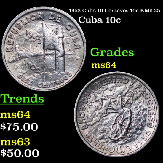 1952 Cuba 10 Centavos 10c KM# 25 Grades Choice Unc