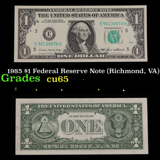 1985 $1 Federal Reserve Note (Richmond, VA) Grades Gem CU