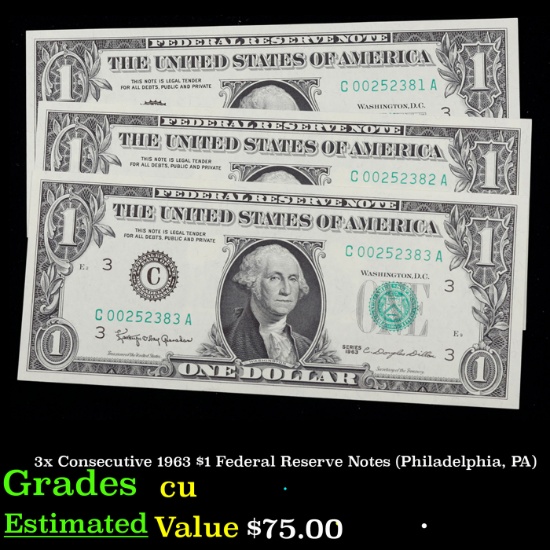 3x Consecutive 1963 $1 Federal Reserve Notes (Philadelphia, PA) Grades CU