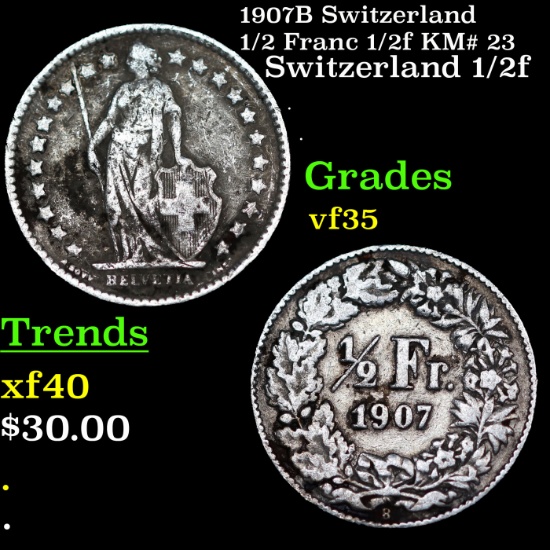 1907B Switzerland 1/2 Franc 1/2f KM# 23 Grades vf++